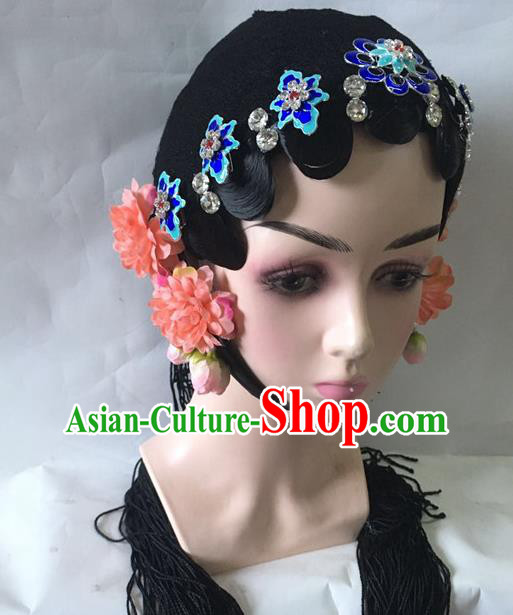 Chinese Traditional Stage Performance Wigs and Blueing Hairpins Beijing Opera Diva Headdress Classical Dance Hair Accessories