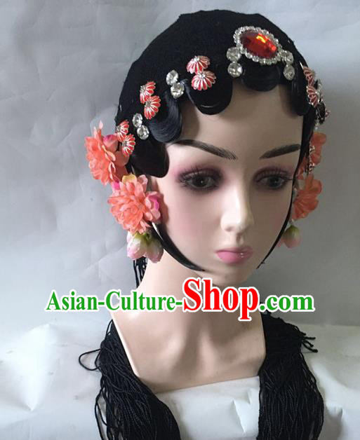Chinese Classical Dance Hair Accessories Traditional Beijing Opera Actress Wigs and Red Hairpins Stage Performance Headdress