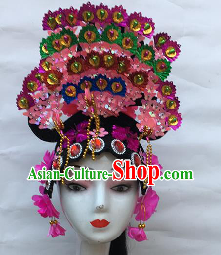 Chinese Stage Performance Headwear Folk Dance Headdress Traditional Peking Opera Wigs and Pink Hair Crown