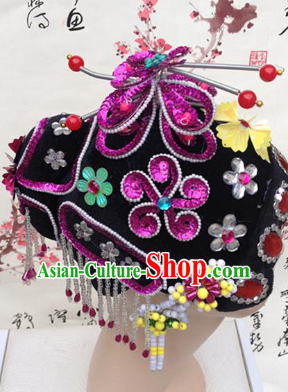 Chinese Stage Performance Headdress Classical Dance Wigs Sheath Traditional Peking Opera Diva Purple Butterfly Hair Accessories