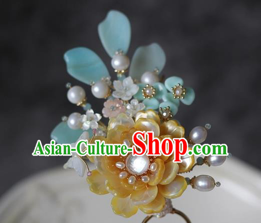 China Song Dynasty Young Beauty Shell Peony Hair Stick Traditional Hanfu Hair Accessories Ancient Princess Hairpin