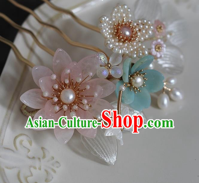 China Ming Dynasty Rose Quartz Lotus Hair Comb Traditional Hanfu Hair Accessories Ancient Princess Pearls Hairpin