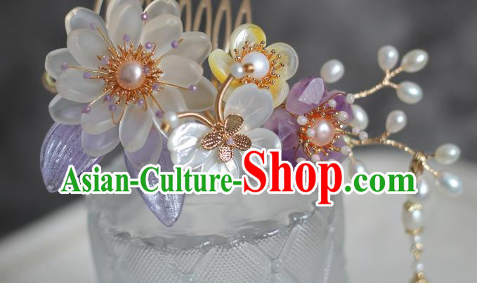 China Ming Dynasty Pearls Hair Comb Traditional Hanfu Hair Accessories Ancient Princess Shell Butterfly Hairpin