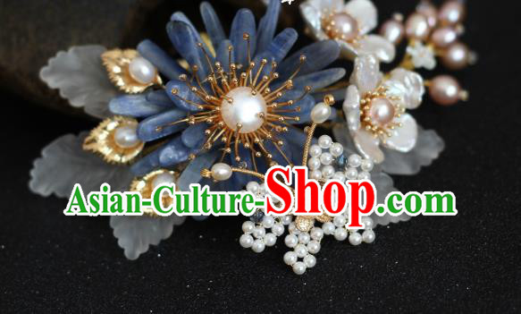 China Traditional Hanfu Hair Accessories Ancient Princess Blue Chrysanthemum Hairpin Ming Dynasty Pearls Hair Comb