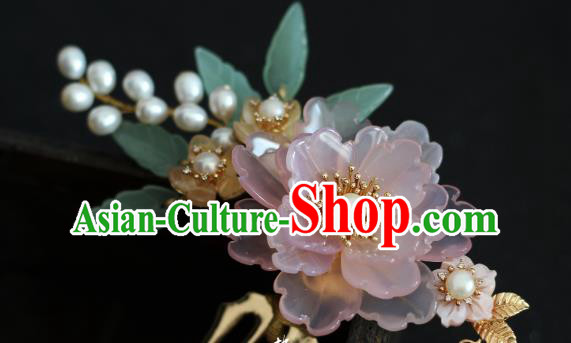 China Ming Dynasty Pink Flowers Hair Comb Traditional Hanfu Hair Accessories Ancient Princess Pearls Hairpin