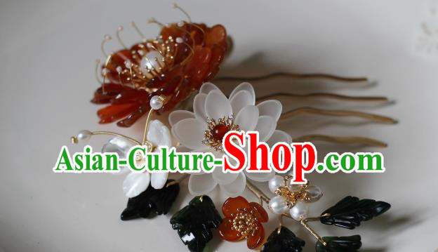 China Ancient Princess Agate Chrysanthemum Hairpin Ming Dynasty Lotus Hair Comb Traditional Hanfu Hair Accessories