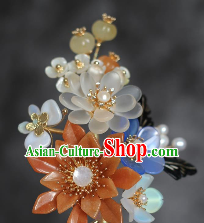 China Ming Dynasty Agate Lotus Hair Comb Traditional Hanfu Hair Accessories Ancient Princess Shell Jade Hairpin