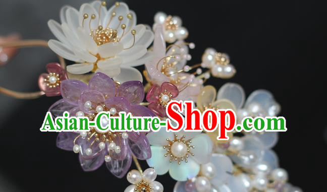 China Ming Dynasty White Chalcedony Hair Stick Traditional Hanfu Headpiece Ancient Princess Pearls Hairpin