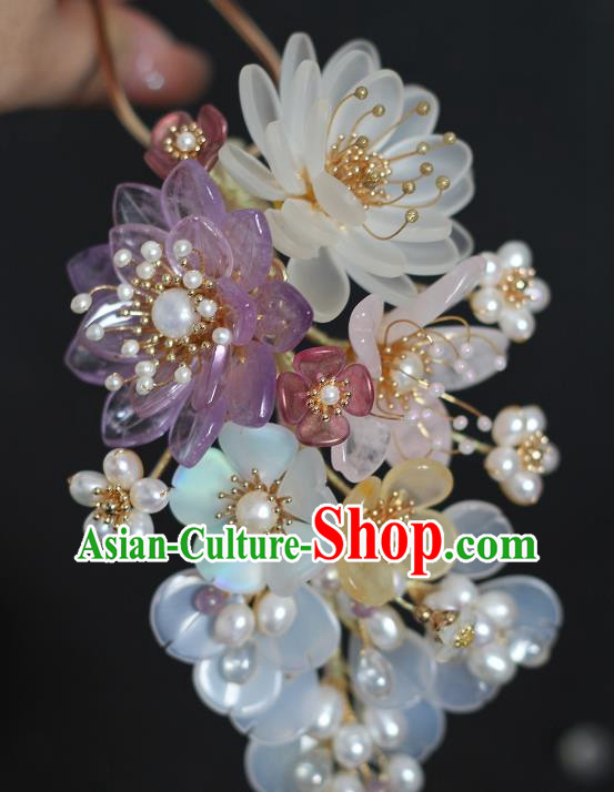 China Ming Dynasty White Chalcedony Hair Stick Traditional Hanfu Headpiece Ancient Princess Pearls Hairpin