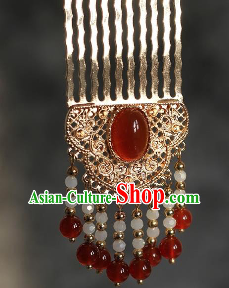China Traditional Hanfu Headpiece Ancient Princess Tassel Hairpin Tang Dynasty Golden Hair Comb