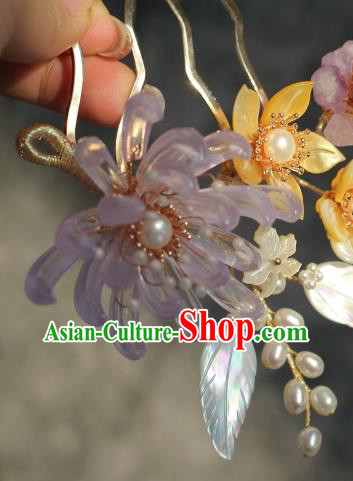 China Song Dynasty Pink Chrysanthemum Hair Comb Traditional Hanfu Headwear Ancient Princess Shell Hairpin