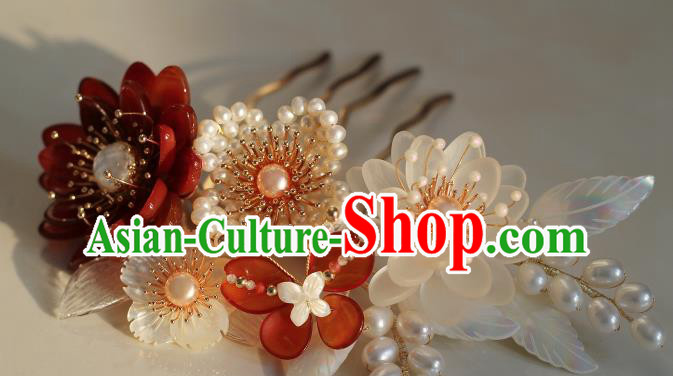 China Ancient Princess Agate Peony Hairpin Song Dynasty Pearls Hair Comb Traditional Hanfu Headwear
