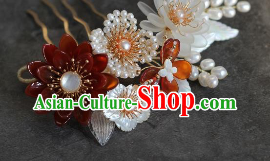 China Ancient Princess Agate Peony Hairpin Song Dynasty Pearls Hair Comb Traditional Hanfu Headwear