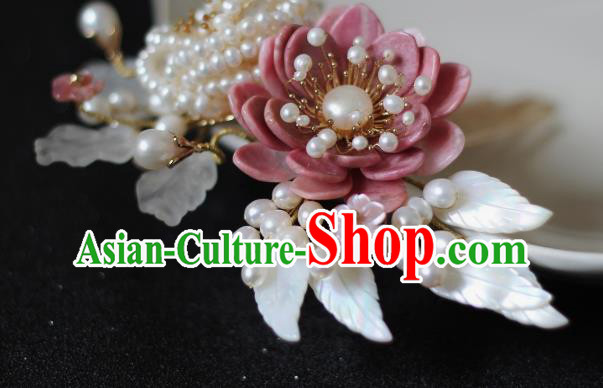 China Traditional Hanfu Headwear Ancient Princess Pearls Hairpin Song Dynasty Pink Peony Hair Comb
