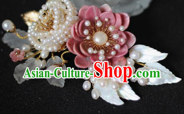 China Traditional Hanfu Headwear Ancient Princess Pearls Hairpin Song Dynasty Pink Peony Hair Comb