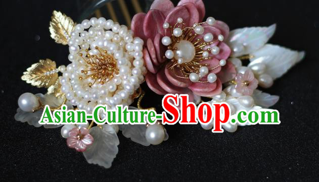 China Traditional Hanfu Headwear Ancient Princess Pearls Hairpin Song Dynasty Pink Peony Hair Comb