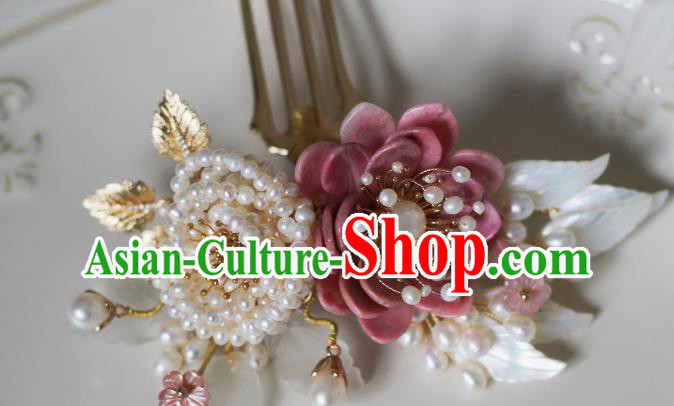 China Traditional Hanfu Headwear Ancient Princess Pearls Hairpin Song Dynasty Pink Peony Hair Comb