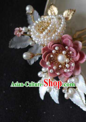 China Traditional Hanfu Headwear Ancient Princess Pearls Hairpin Song Dynasty Pink Peony Hair Comb