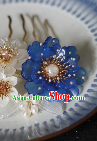 China Song Dynasty Blue Peony Hair Comb Traditional Hanfu Headwear Ancient Princess Pearls Hairpin