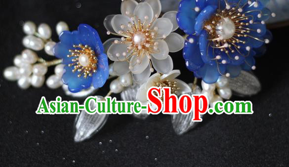 China Song Dynasty Blue Peony Hair Comb Traditional Hanfu Headwear Ancient Princess Pearls Hairpin