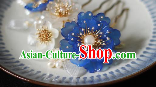 China Song Dynasty Blue Peony Hair Comb Traditional Hanfu Headwear Ancient Princess Pearls Hairpin