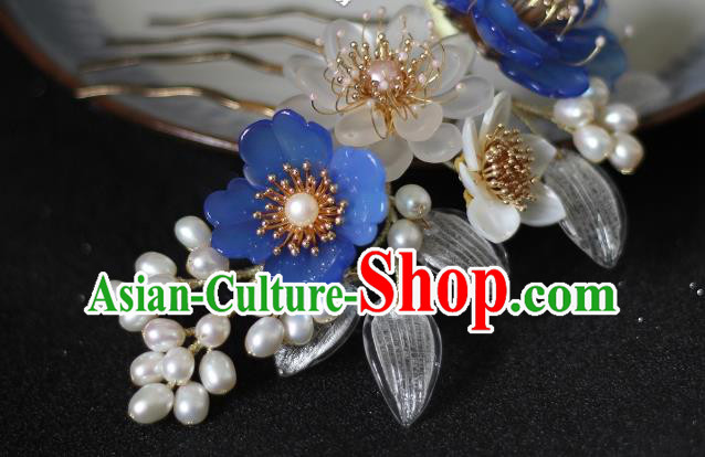 China Song Dynasty Blue Peony Hair Comb Traditional Hanfu Headwear Ancient Princess Pearls Hairpin