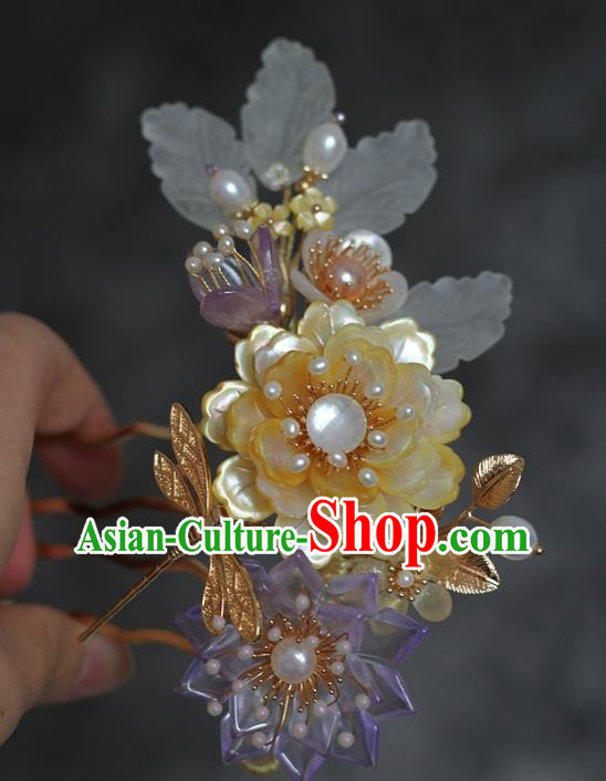 China Ming Dynasty Palace Lady Hair Comb Traditional Hanfu Hair Accessories Ancient Princess Shell Peony Hairpin