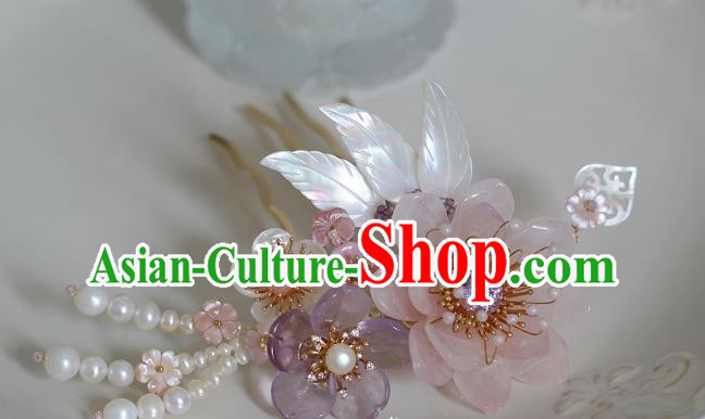 China Ancient Princess Rose Quartz Hairpin Ming Dynasty Palace Lady Shell Hair Comb Traditional Hanfu Hair Accessories
