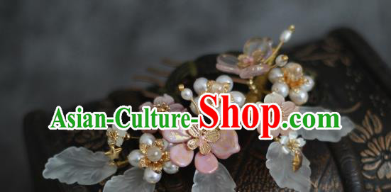 China Ancient Princess Shell Flowers Hairpin Ming Dynasty Young Lady Pearls Hair Comb Traditional Hanfu Headdress