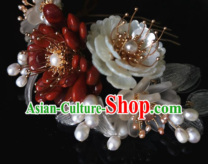 China Ming Dynasty Shell Peony Hair Comb Traditional Hanfu Hair Accessories Ancient Palace Lady Agate Chrysanthemum Hairpin