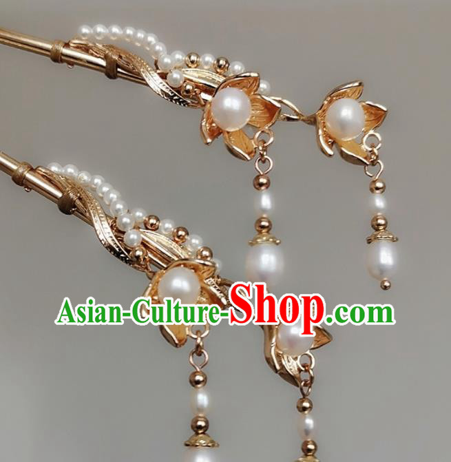 China Tang Dynasty Pearls Tassel Hair Stick Traditional Hanfu Hair Accessories Ancient Court Woman Golden Hairpin