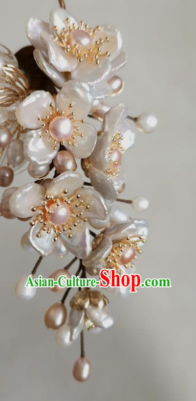 China Traditional Song Dynasty Hanfu Hair Accessories Ancient Court Woman Shell Plum Hairpin Handmade Pearls Hair Stick