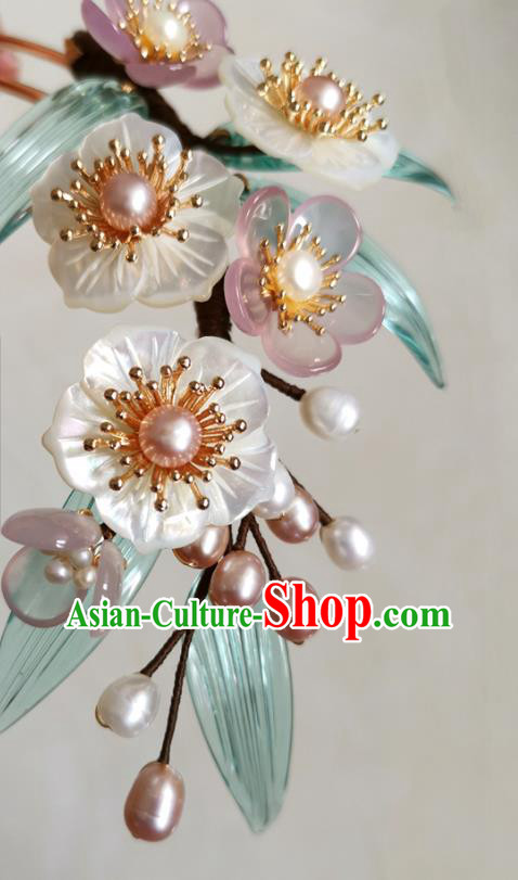 China Ancient Court Woman Pearls Hairpin Handmade Shell Plum Hair Stick Traditional Ming Dynasty Hanfu Hair Accessories