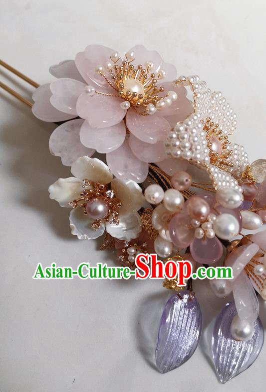 China Traditional Ming Dynasty Hanfu Hair Accessories Ancient Court Woman Rose Quartz Hairpin Handmade Pearls Hair Stick