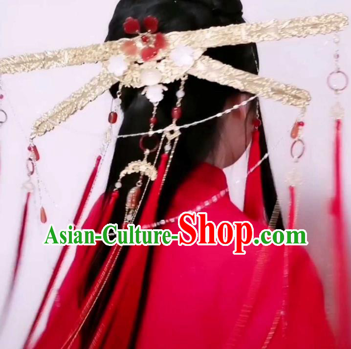China Handmade Golden Crown Traditional Hanfu Wedding Hair Accessories Ancient Swordswoman Headdress