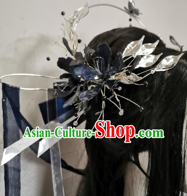 China Handmade Navy Ribbon Hair Crown Traditional Hanfu Cosplay Swordswoman Hair Accessories Ancient Fairy Headdress