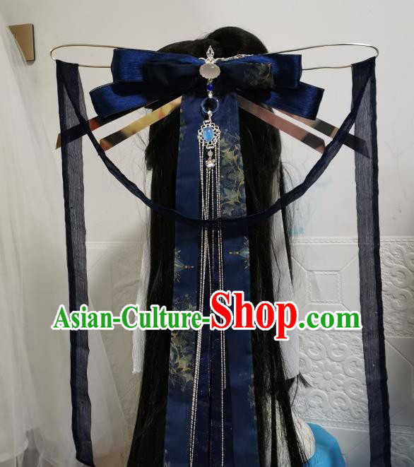 China Ancient Fairy Headdress Handmade Navy Ribbon Hair Comb Traditional Hanfu Cosplay Swordswoman Hair Accessories