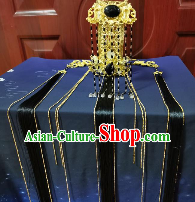 Chinese Ancient King Golden Dragon Hair Crown Traditional Qin Dynasty Emperor Headdress Cosplay Swordsman Hair Accessories