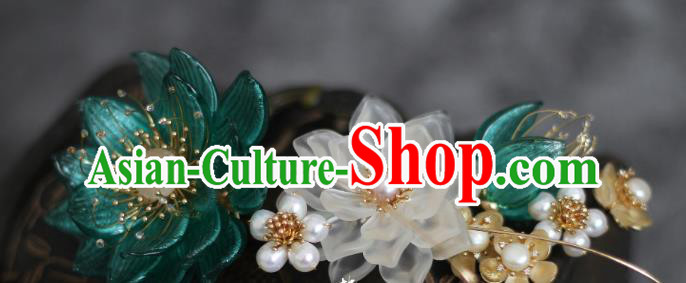 China Ming Dynasty Young Lady Green Lotus Hair Stick Traditional Hanfu Headpiece Ancient Princess Pearls Hairpin