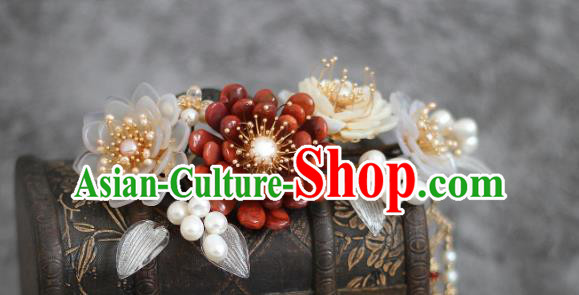 China Ancient Princess Pearls Hairpin Ming Dynasty Young Lady Agate Chrysanthemum Hair Stick Traditional Hanfu Headpiece