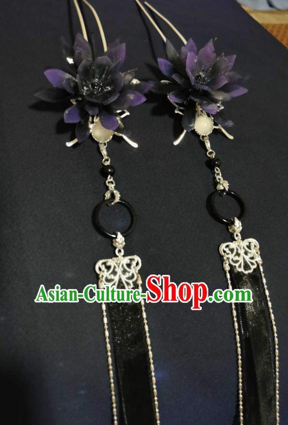 China Ancient Fairy Purple Lotus Hairpin Cosplay Swordswoman Hair Accessories Handmade Traditional Hanfu Black Ribbon Tassel Hair Stick