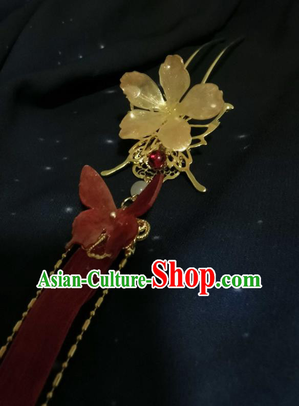 China Handmade Traditional Hanfu Red Ribbon Tassel Hair Stick Ancient Fairy Peach Blossom Hairpin Cosplay Swordswoman Hair Accessories