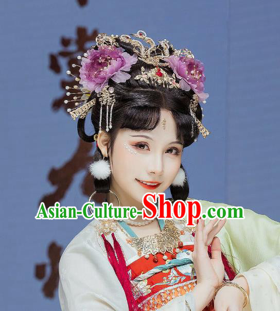 China Tang Dynasty Hair Accessories Handmade Traditional Hanfu Golden Phoenix Hair Crown Ancient Princess Hairpin Complete Set
