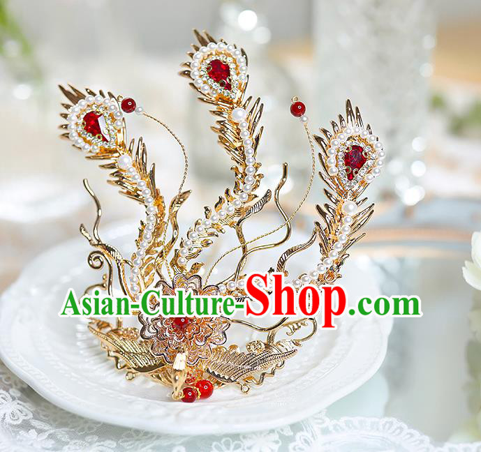 China Ming Dynasty Court Lady Golden Phoenix Hair Crown Handmade Traditional Hanfu Hair Accessories Ancient Empress Pearls Hairpin