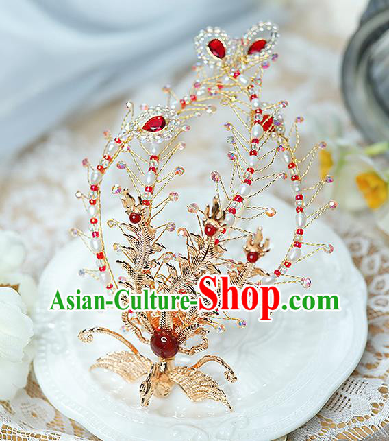 China Ancient Empress Phoenix Hairpin Handmade Ming Dynasty Court Lady Golden Hair Crown Traditional Hanfu Hair Accessories