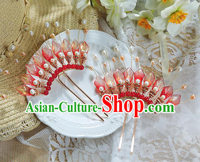China Traditional Ming Dynasty Hair Stick Handmade Ancient Princess Red Flower Petals Hairpin