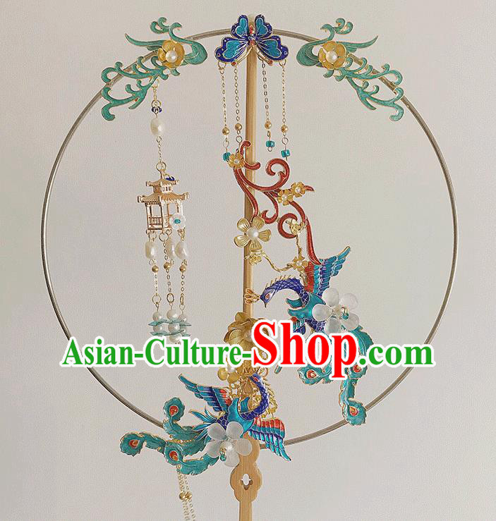 Chinese Handmade Cloisonne Phoenix Fans Bride Circular Fan Traditional Wedding Prop Fan Classical Dance Palace Fan