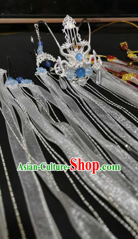 Chinese Cosplay Swordsman Argent Hair Accessories Ancient Prince Hair Crown Traditional Hanfu Ribbon Tassel Headwear