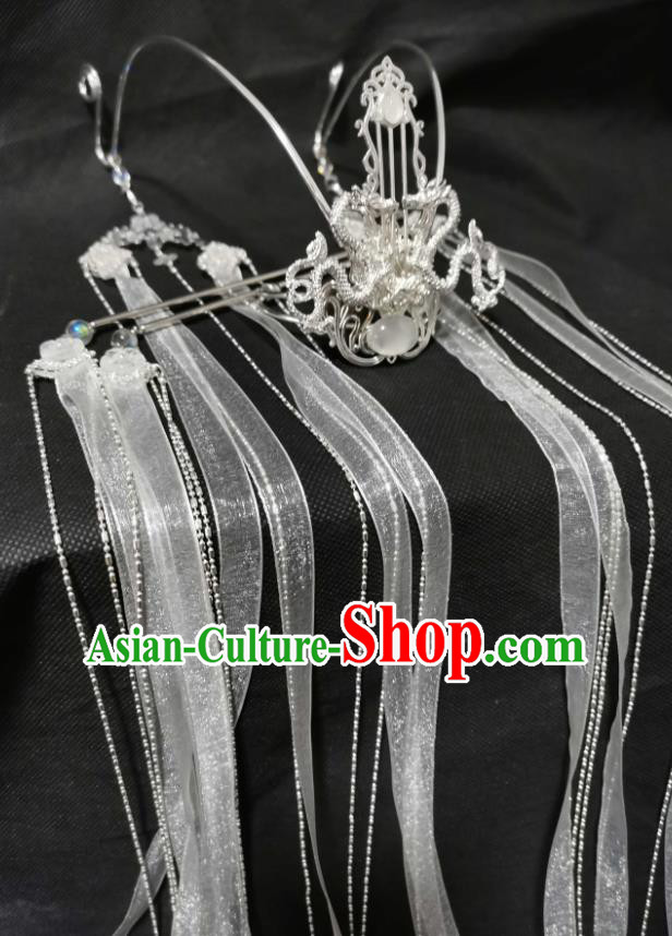 Chinese Ancient Prince Argent Hair Crown Traditional Hanfu Ribbon Tassel Headwear Cosplay Swordsman Chu Wanning Hair Accessories