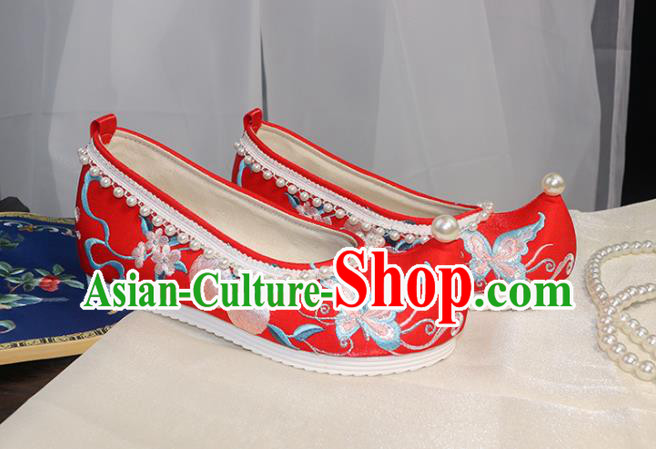 Chinese Wedding Pearls Shoes Traditional Hanfu Shoes Ancient Princess Shoes Ming Dynasty Red Embroidered Shoes